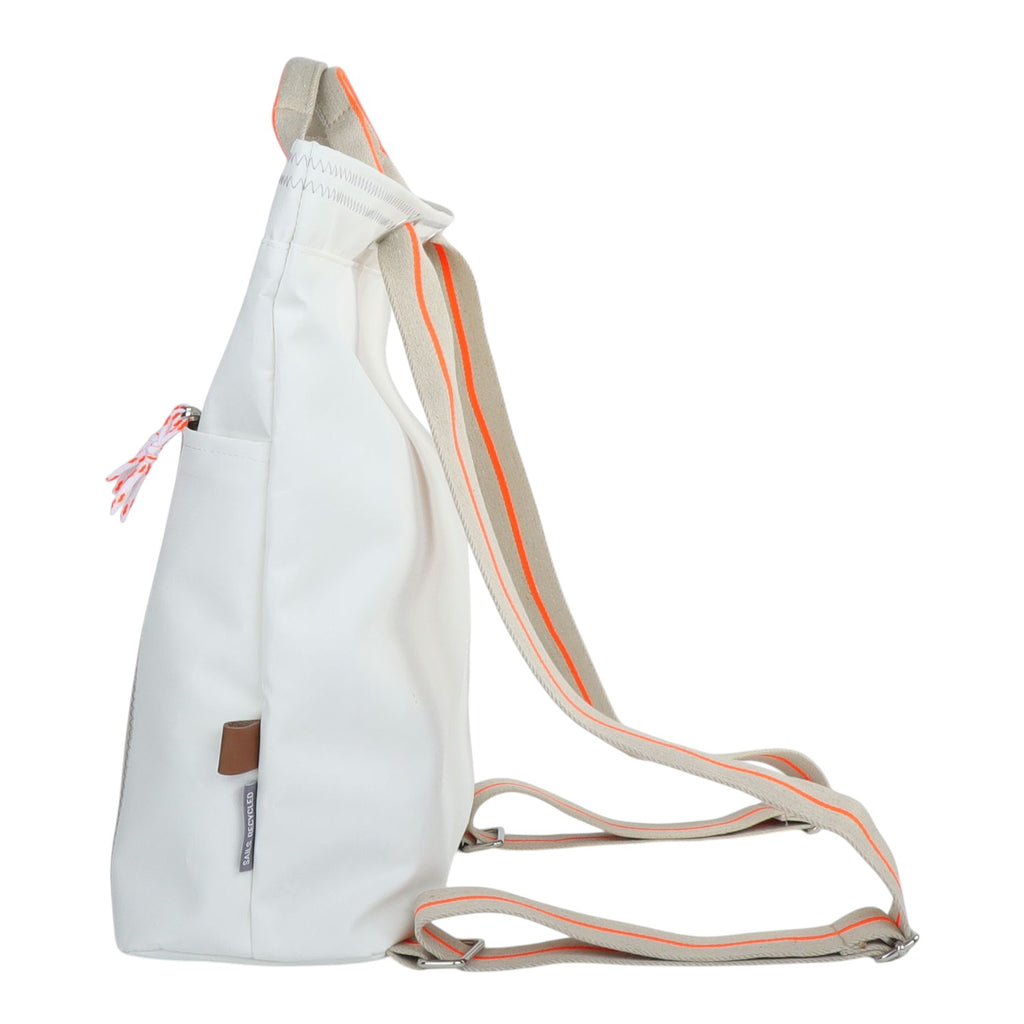 Lieblingstasche Kaje white backpack with orange and beige striped straps and a tassel detail.