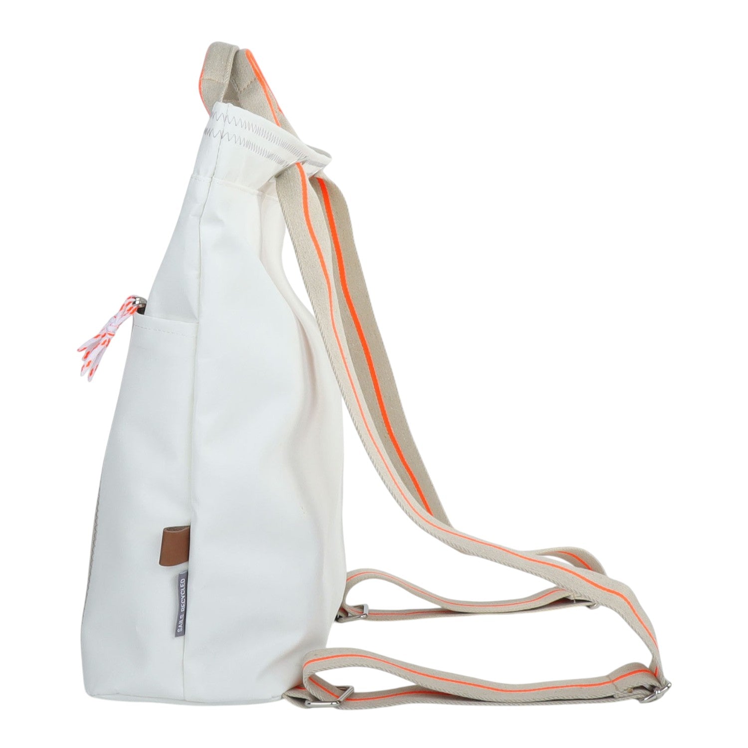 Lieblingstasche Kaje white backpack with orange and beige striped straps and a tassel detail.