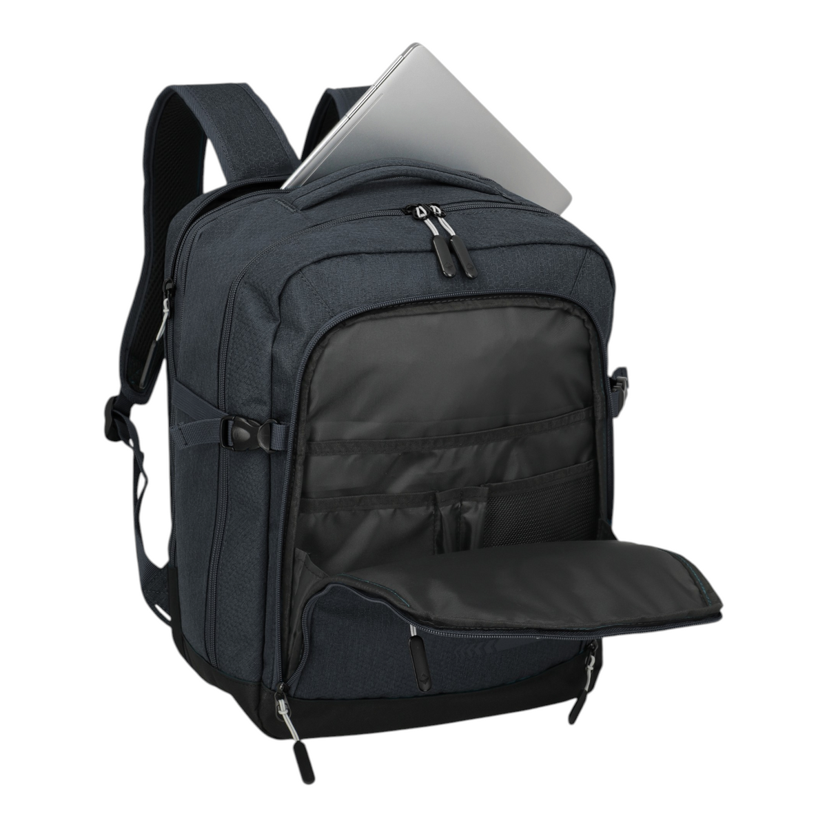 Lieblingstasche Kick Off Cabin Rucksack in dark grey with an open front pocket and a laptop stored in the top sleeve.