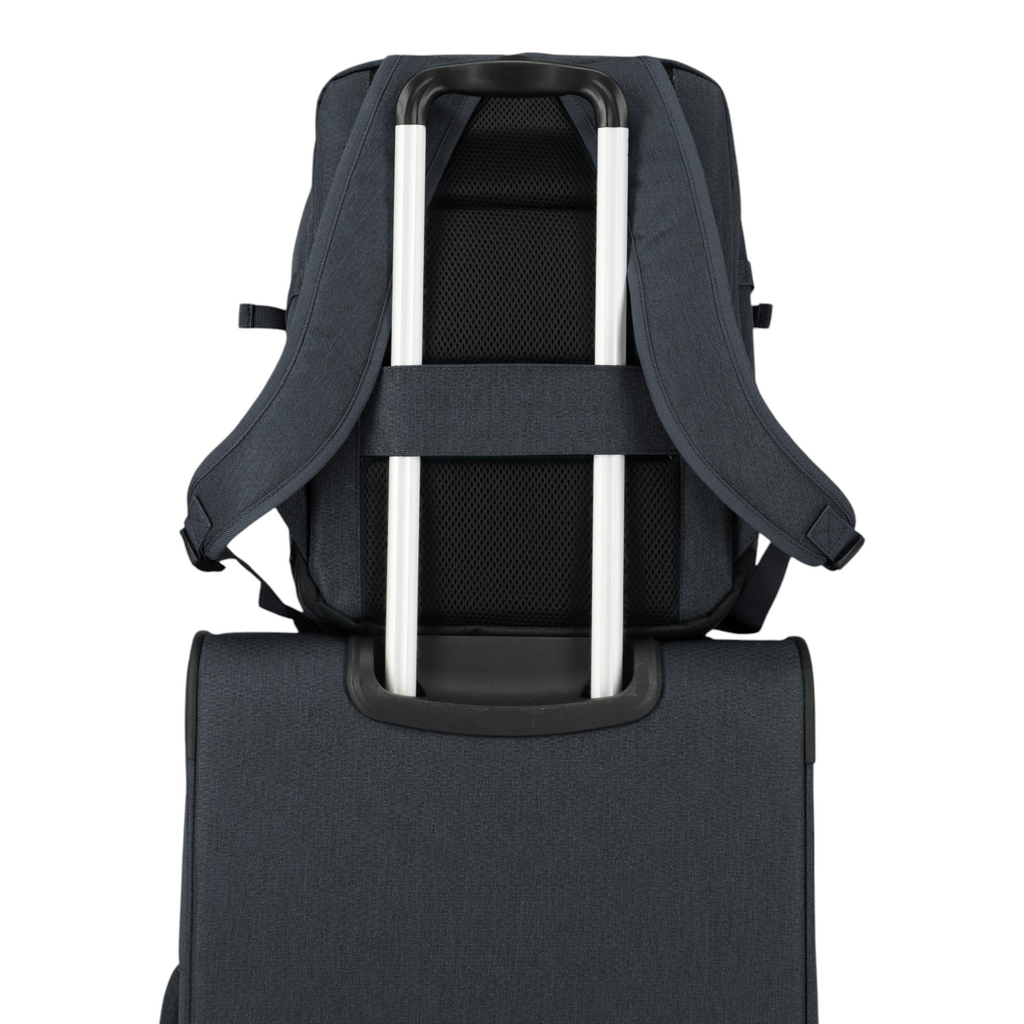 Lieblingstasche Kick Off Cabin Rucksack in dark grey attached to a suitcase handle with padded shoulder straps