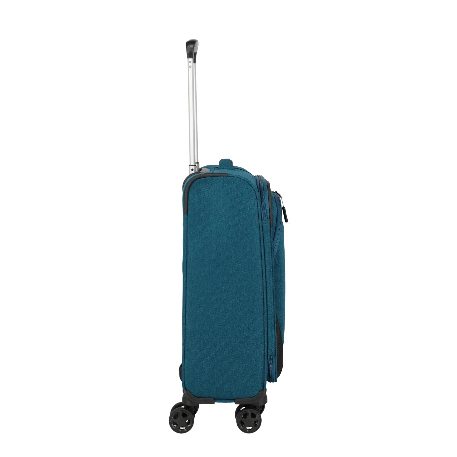 Lieblingstasche KICK OFF small 4-wheel trolley suitcase in petrol blue with extendable handle, side view.