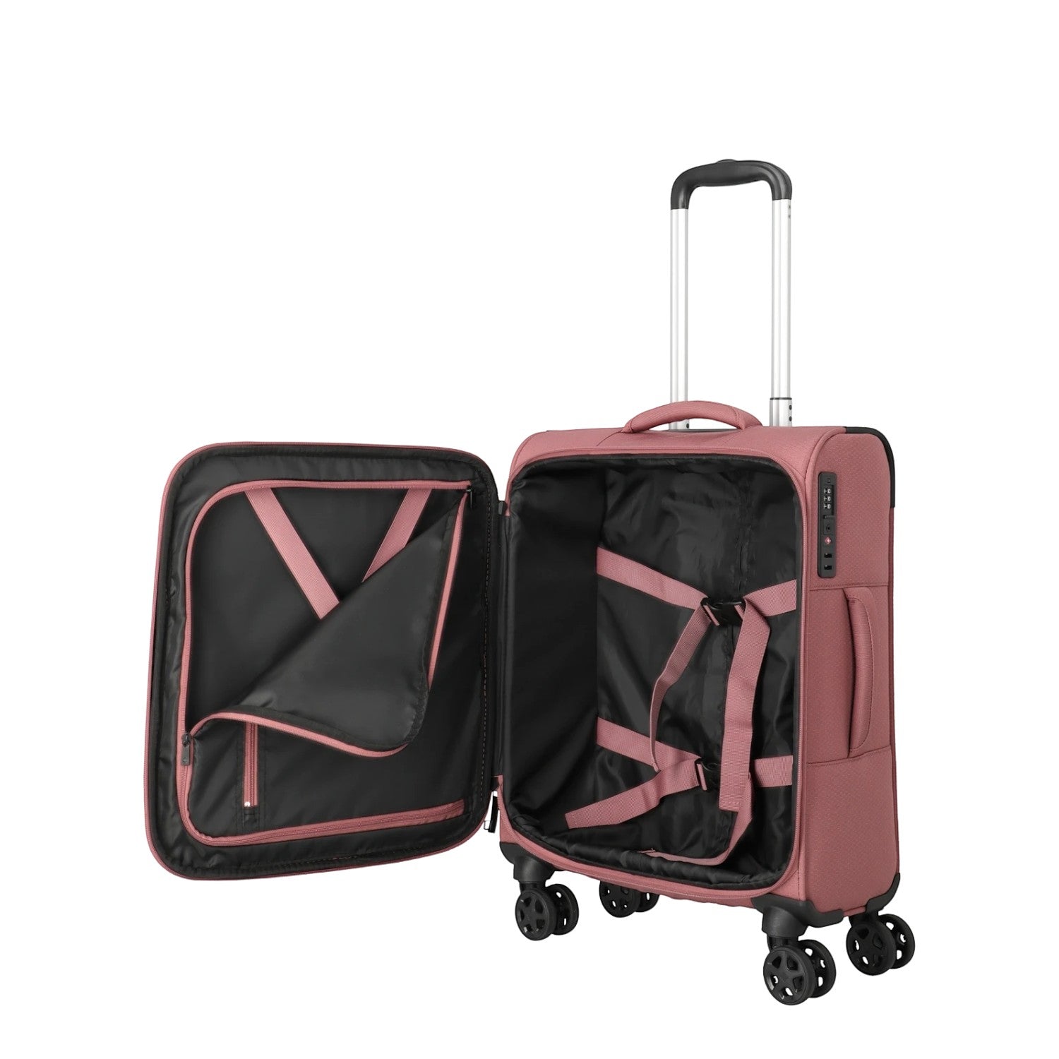 Lieblingstasche KICK OFF small 4-wheel trolley suitcase in dusty rose with open interior and packing straps