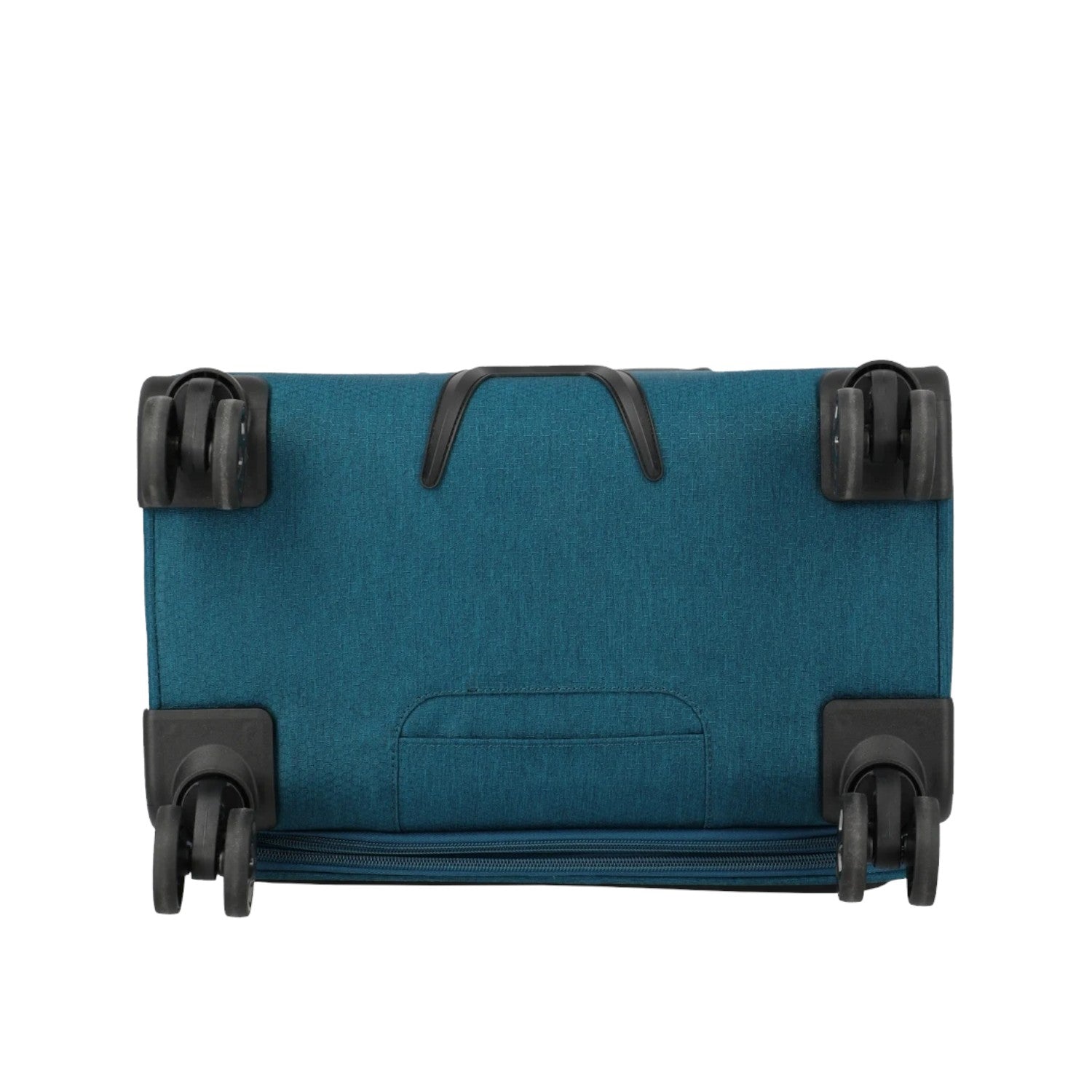 Bottom view of the Lieblingstasche KICK OFF Trolley 4w S in petrol blue showing four durable spinner wheels.