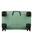 Bottom view of a Lieblingstasche Kick Off Trolley 4w L exp in sage green showing four spinner wheels and handle