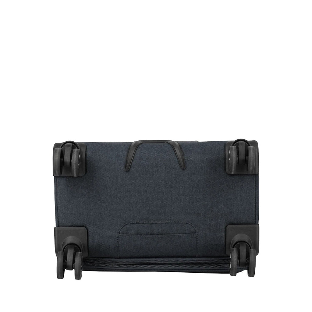 Bottom view of the Lieblingstasche KICK OFF Trolley 4w S showing four black spinner wheels and durable fabric base.