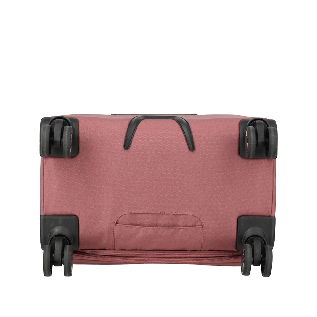 Lieblingstasche KICK OFF Trolley 4w S in dusty rose showing the bottom view with four spinner wheels and handle.