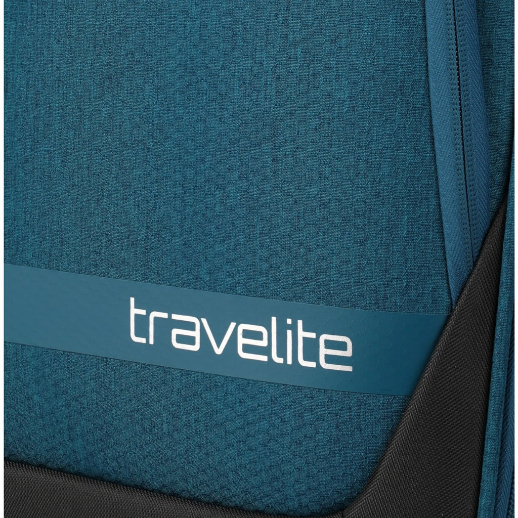 Close-up of the Lieblingstasche KICK OFF Trolley 4w S in petrol blue with textured fabric and travelite branding