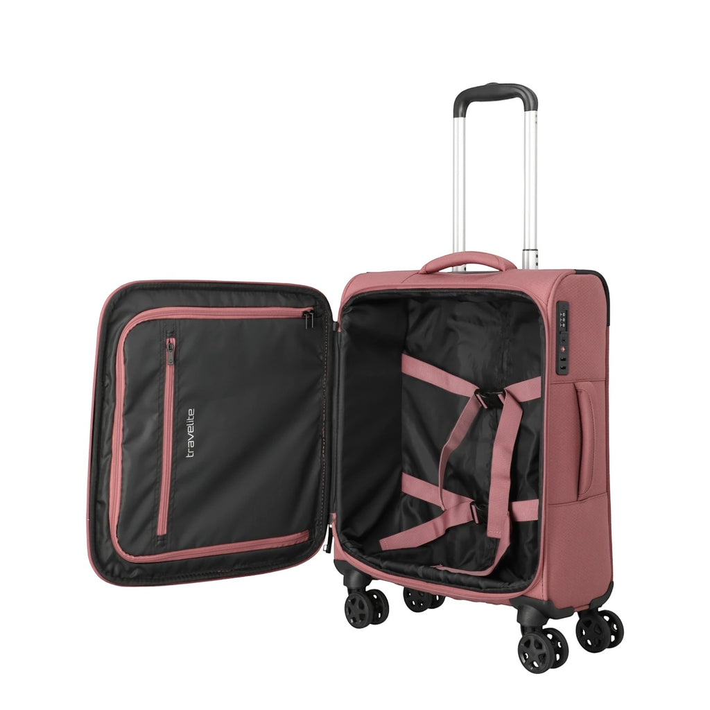 Lieblingstasche KICK OFF small 4-wheel trolley suitcase in dusty rose with open interior and packing straps