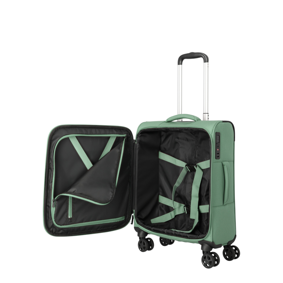 Lieblingstasche Kick Off Trolley 4w S in sage green with open interior, packing straps, and integrated TSA lock.
