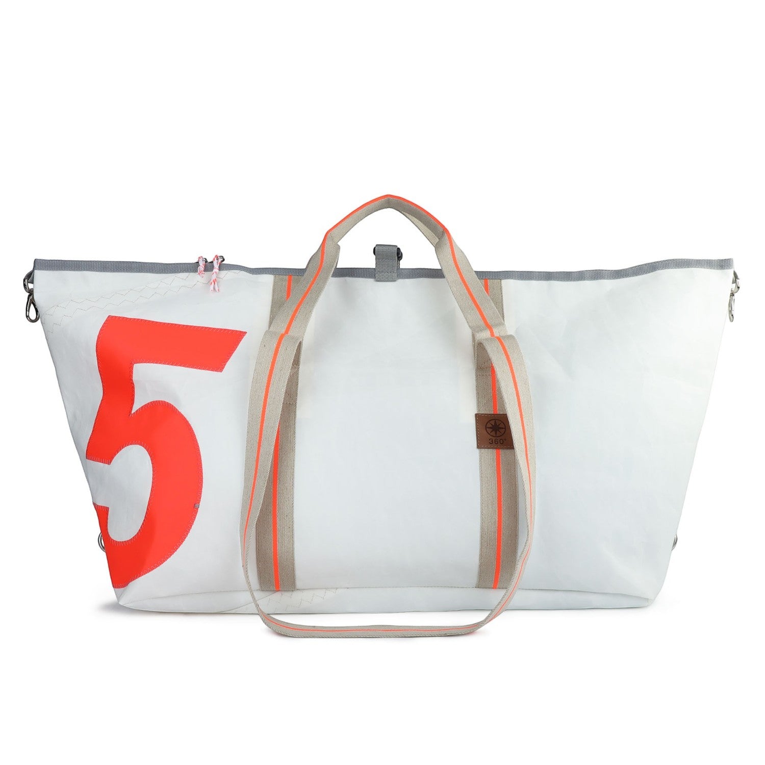 Lieblingstasche Kutter XL white sailcloth tote bag with large red number 5 print and beige carry handles