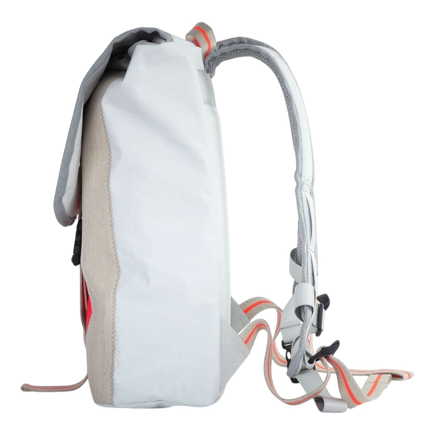 Lieblingstasche Landgang Mini backpack in light grey and beige with orange accents, side view