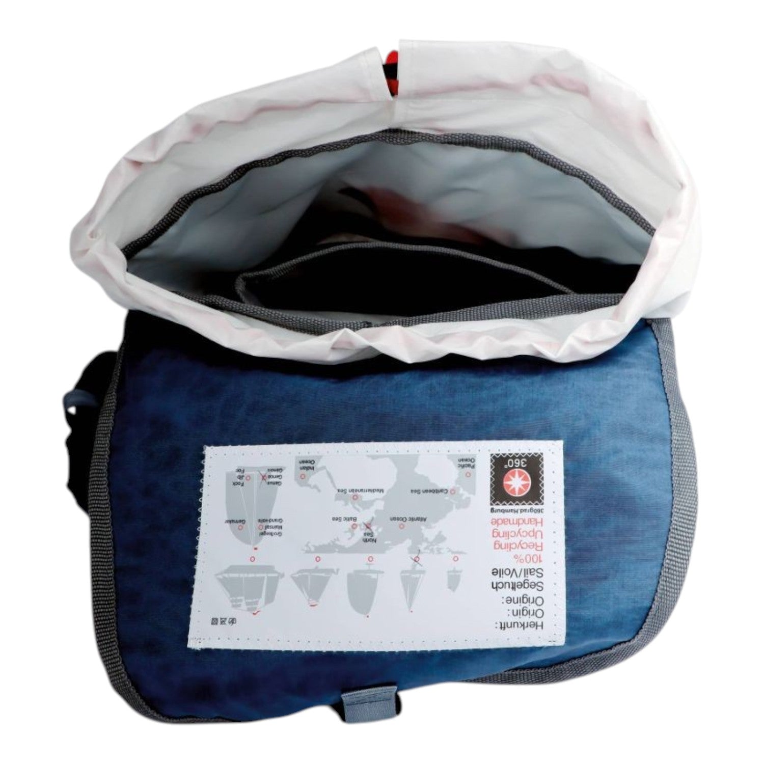 Lieblingstasche Landgang Mini backpack interior view showing recycled sailcloth material and origin label