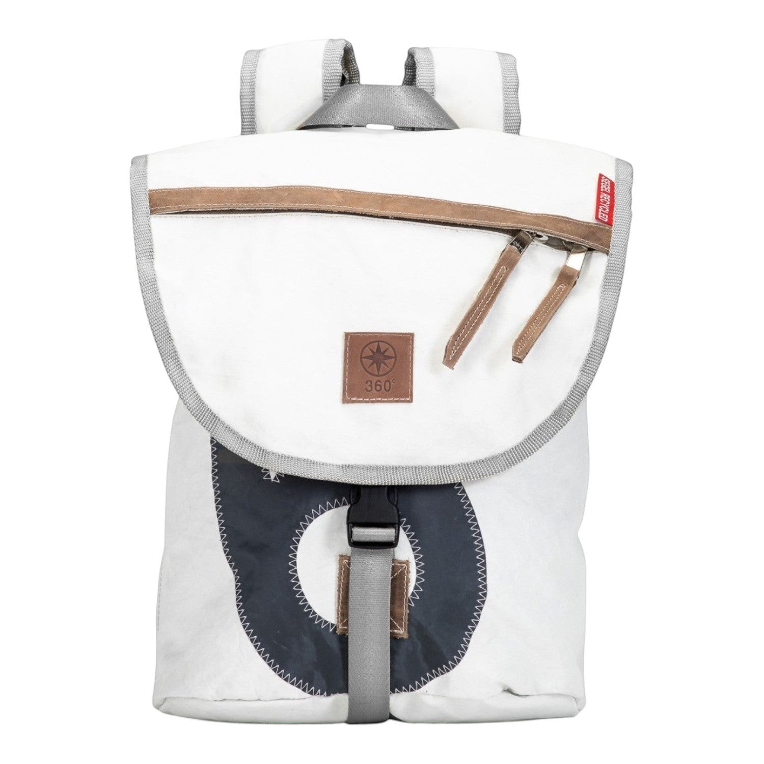 Lieblingstasche Landgang Mini backpack in white recycled sailcloth with navy blue accents and brown leather trim.