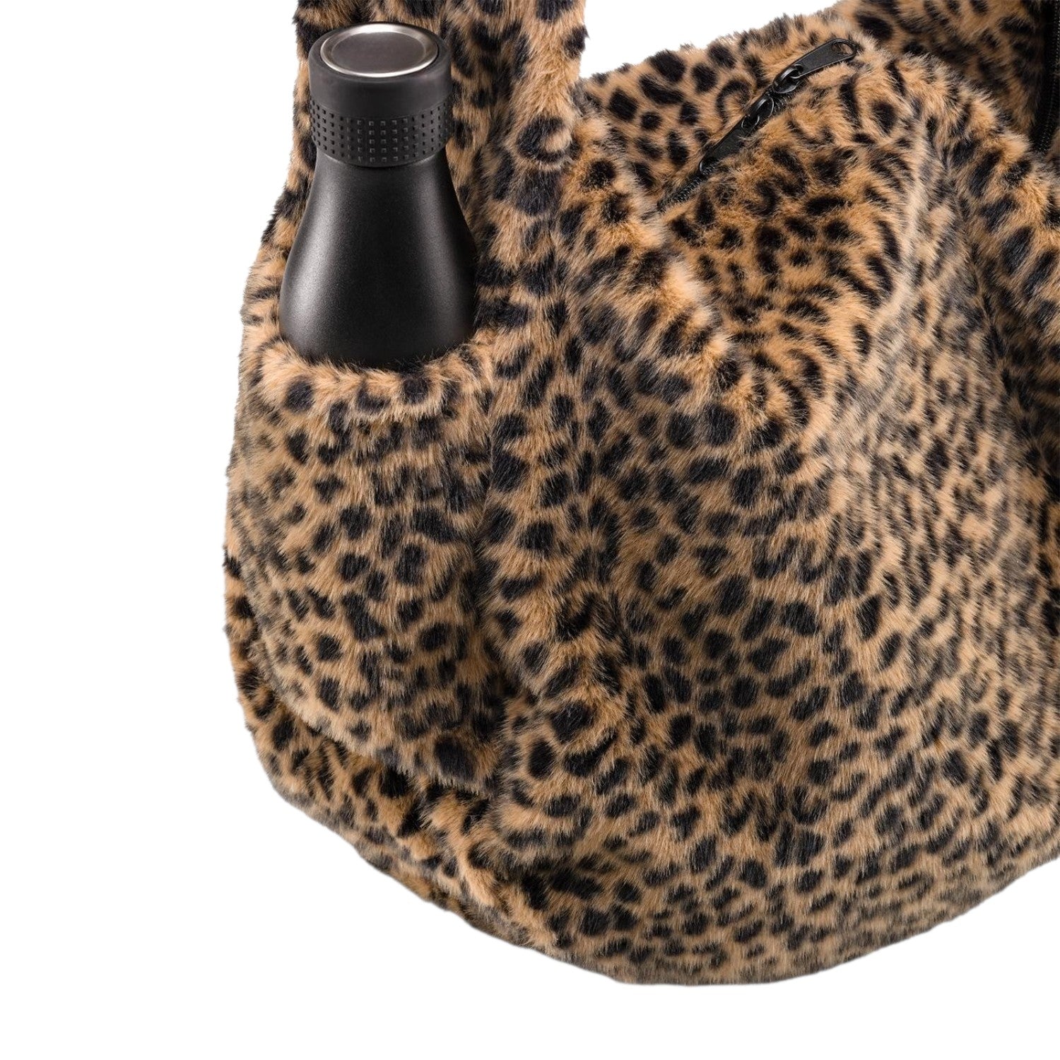 Lieblingstasche Moonbag in leopard print faux fur with a black water bottle in the side pocket