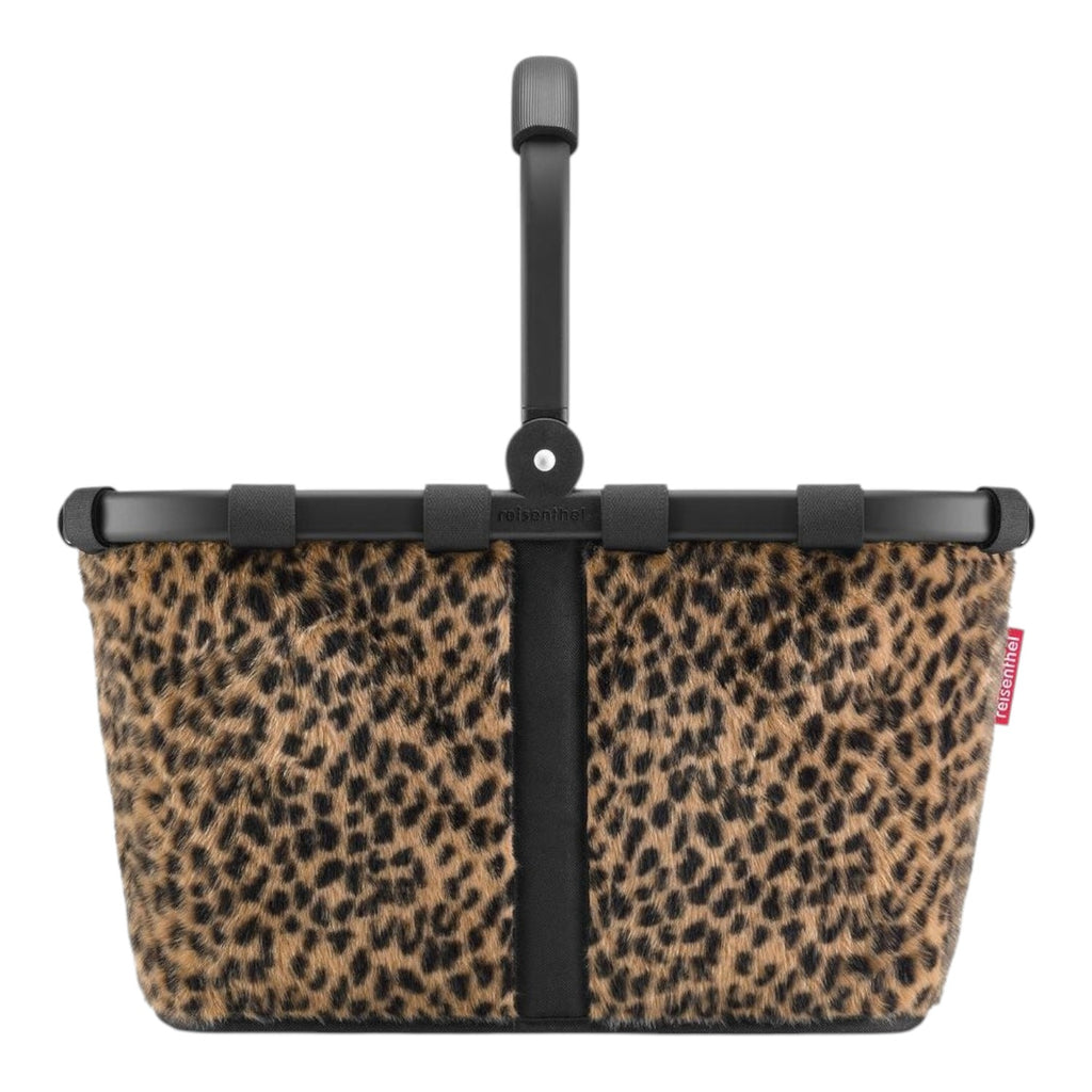Lieblingstasche Carrybag shopping basket with a leopard print faux fur finish and a sturdy black aluminium handle.