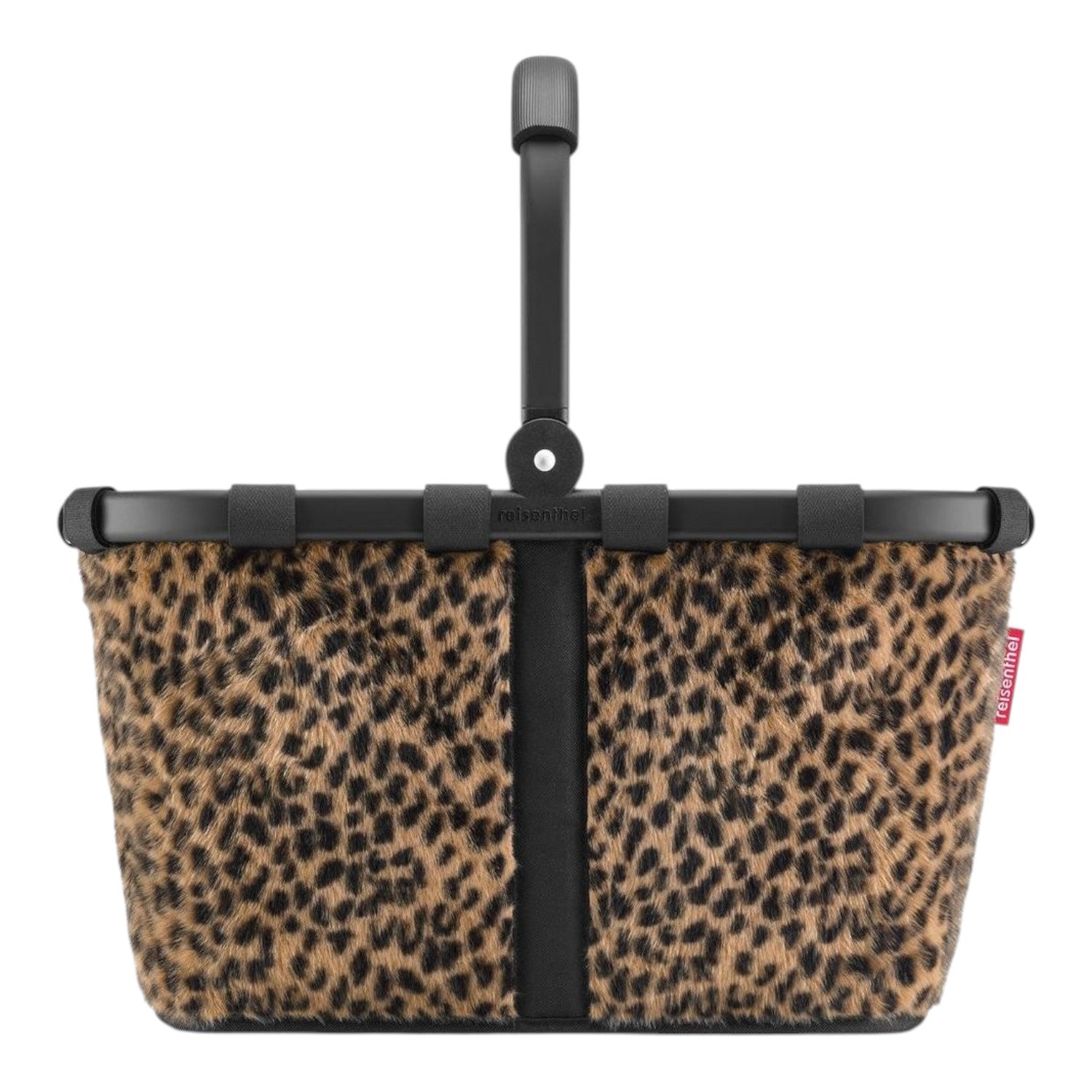 Lieblingstasche Carrybag shopping basket with a leopard print faux fur finish and a sturdy black aluminium handle.