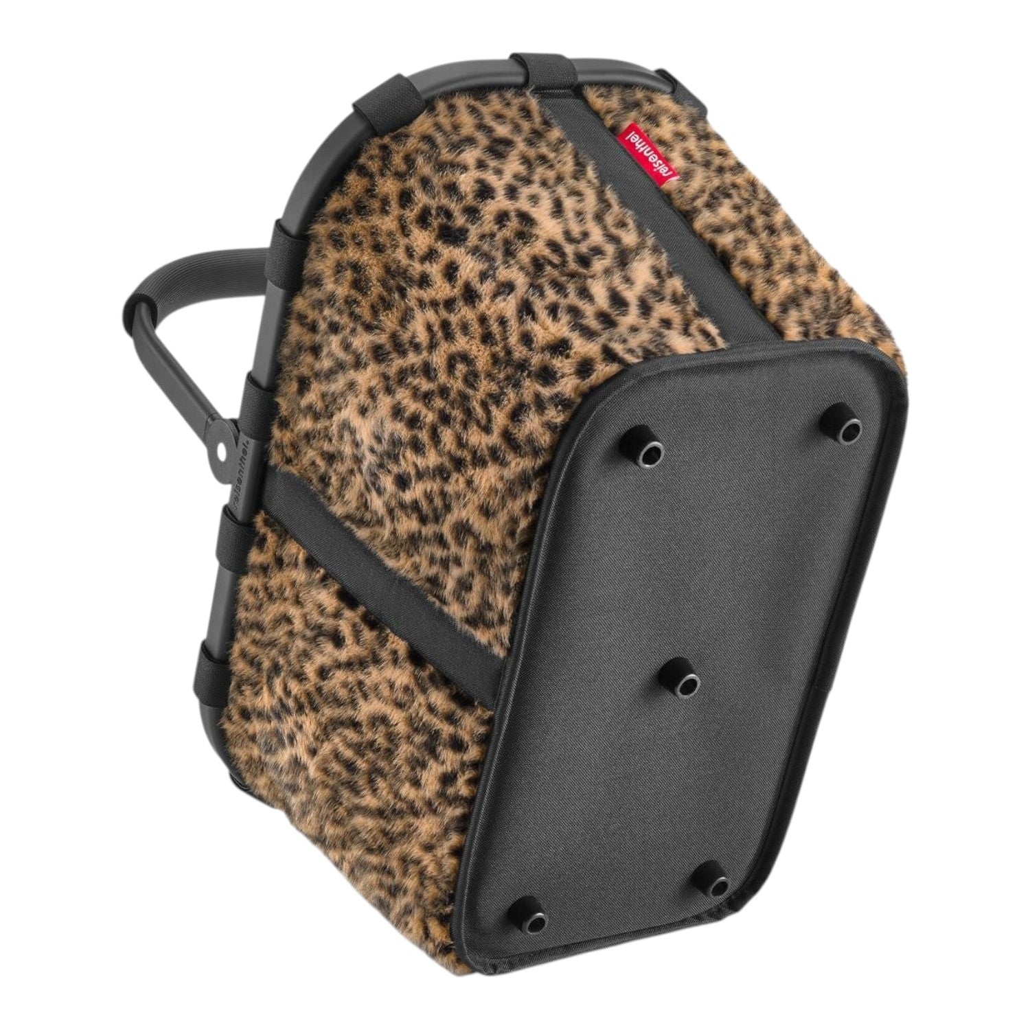 Lieblingstasche Carrybag shopping basket with a leopard print fabric body and black base with protective feet
