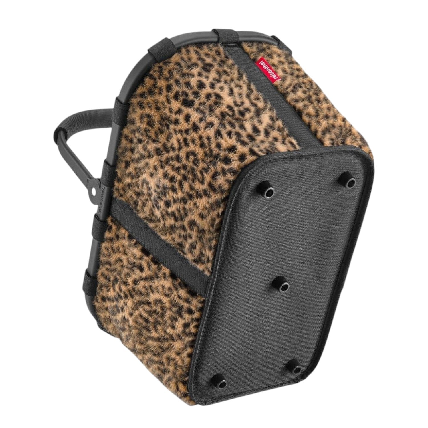 Lieblingstasche Carrybag shopping basket with a leopard print fabric body and black base with protective feet
