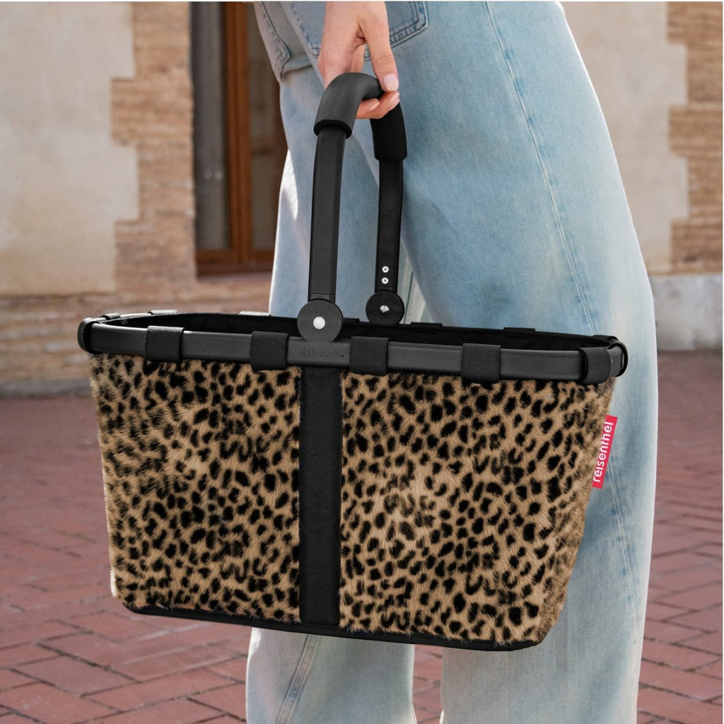 Lieblingstasche Carrybag shopping basket with a leopard print pattern, black frame, and soft-grip aluminium handle.