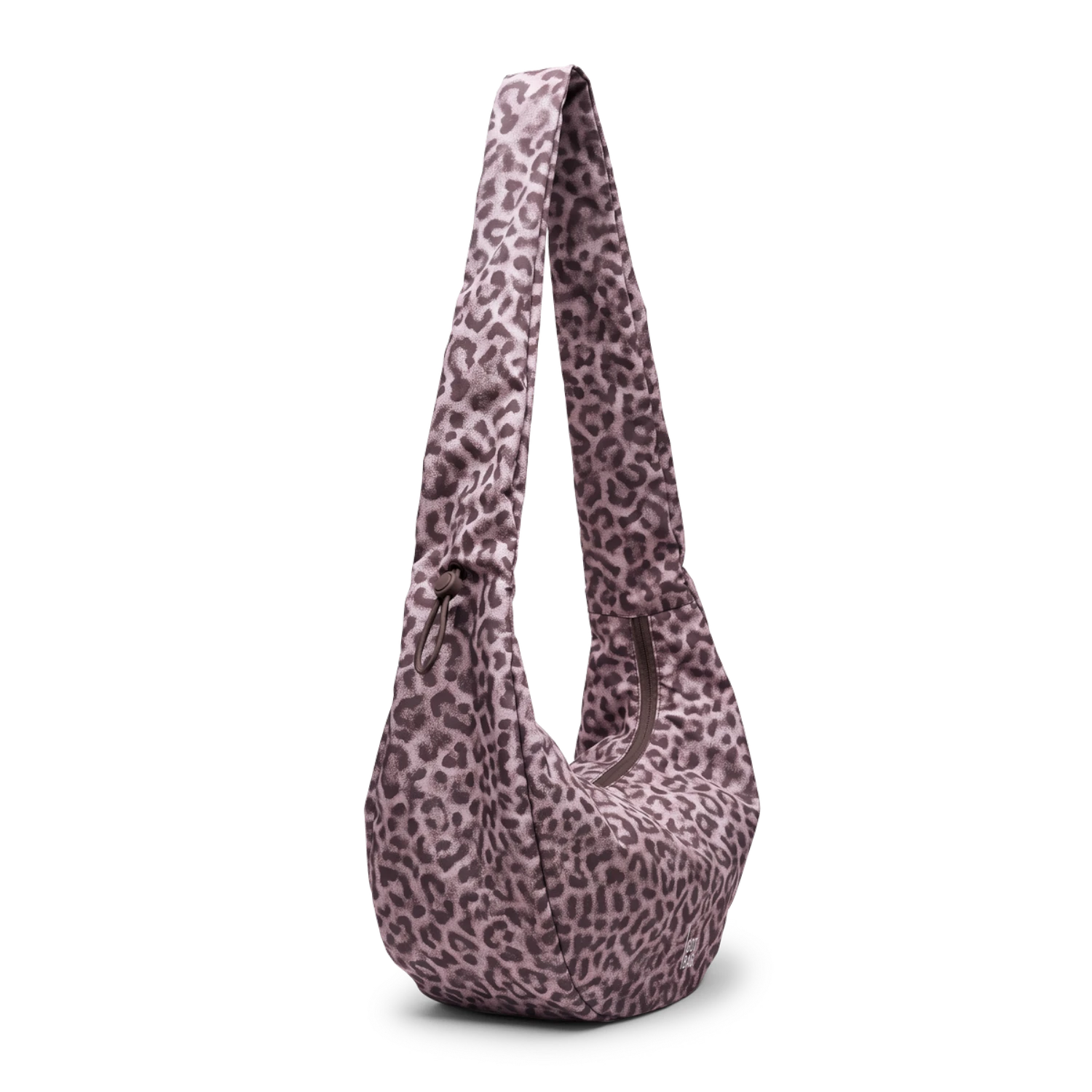 Lieblingstasche Moon Bag Ruffle Large in a mauve leopard print with a soft slouchy silhouette and shoulder strap.