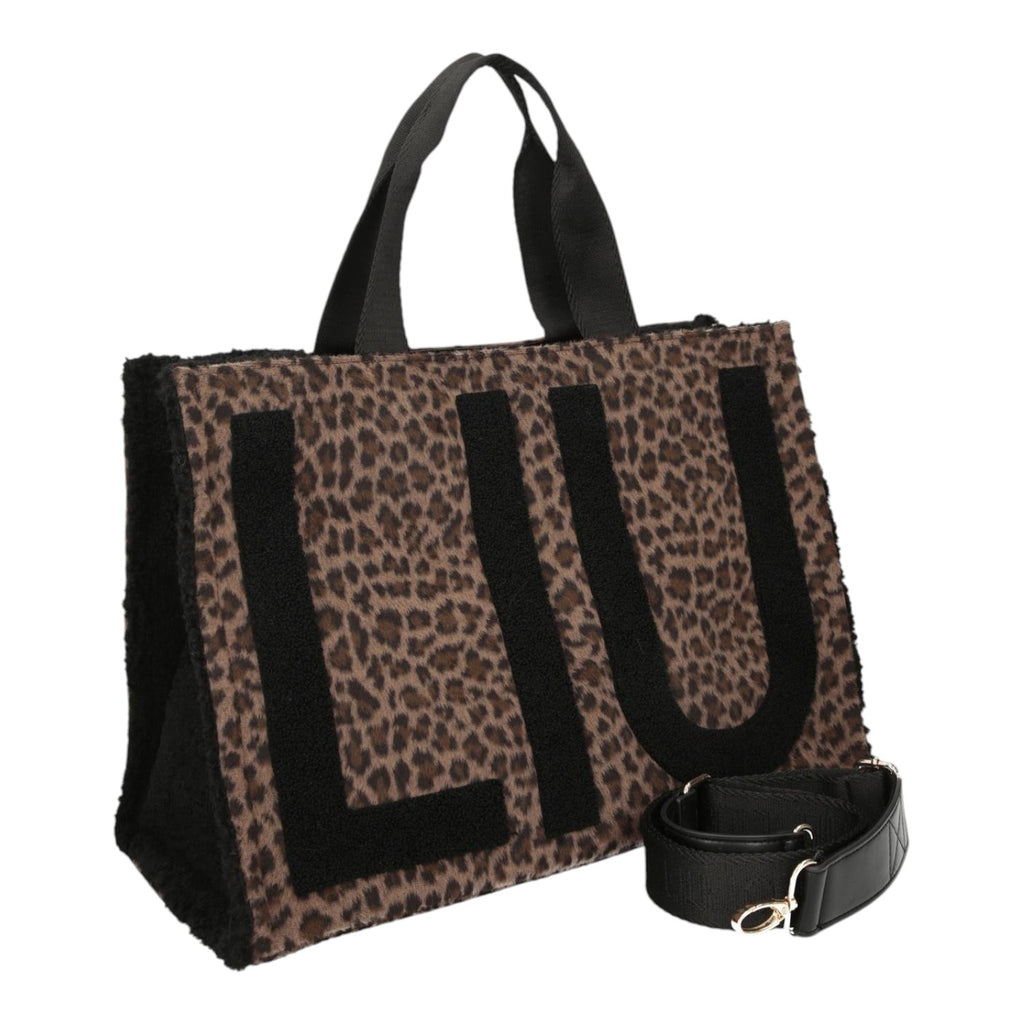 Lieblingstasche Tote Animalier L featuring a brown leopard print, black fuzzy texture, and large LIU logo detail.