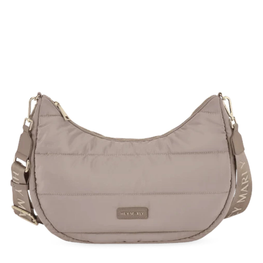 Lieblingstasche Lifetime Buddy M quilted beige nylon hobo bag with branded shoulder strap and gold hardware