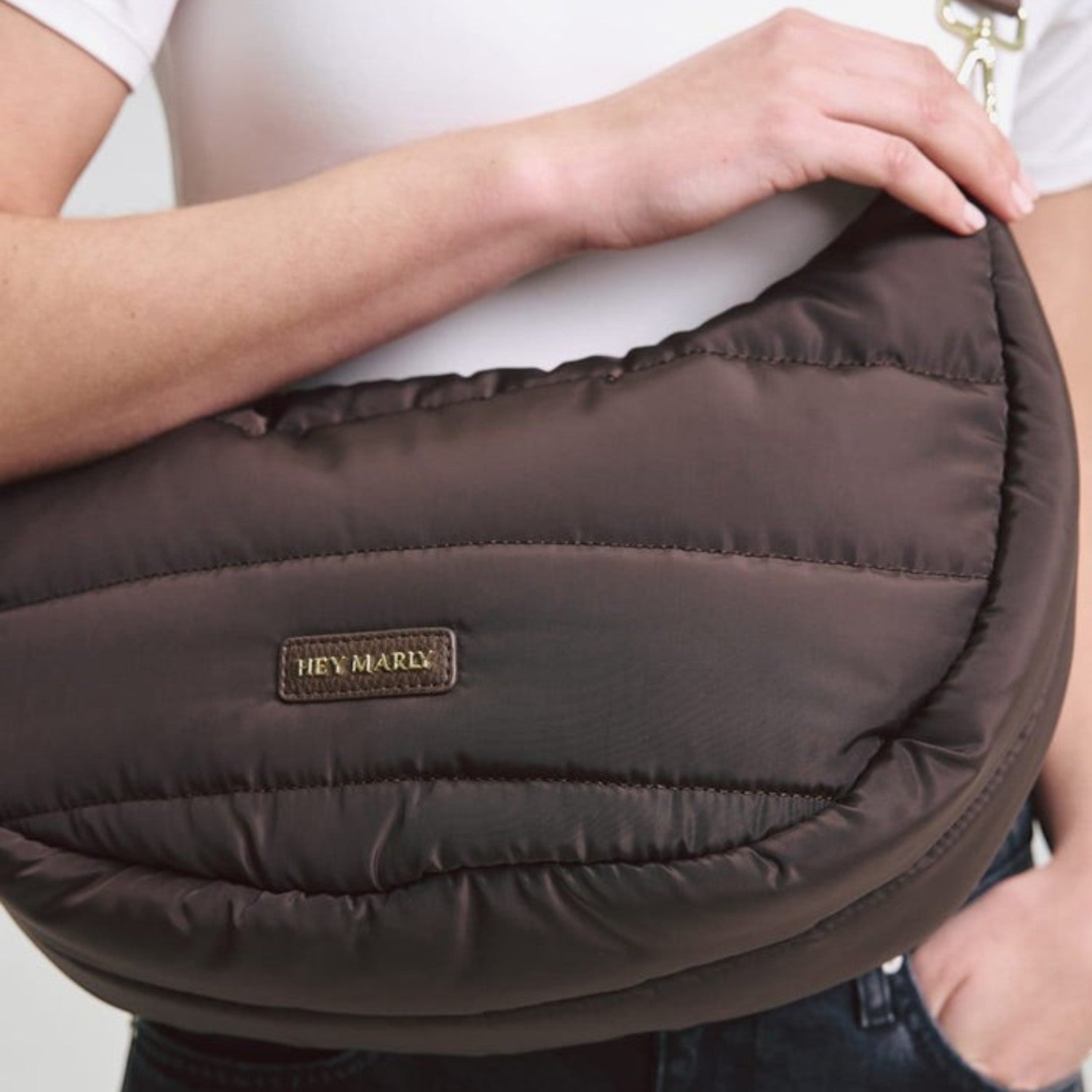 Lieblingstasche Lifetime Buddy M dark brown quilted nylon crescent shoulder bag with gold hardware
