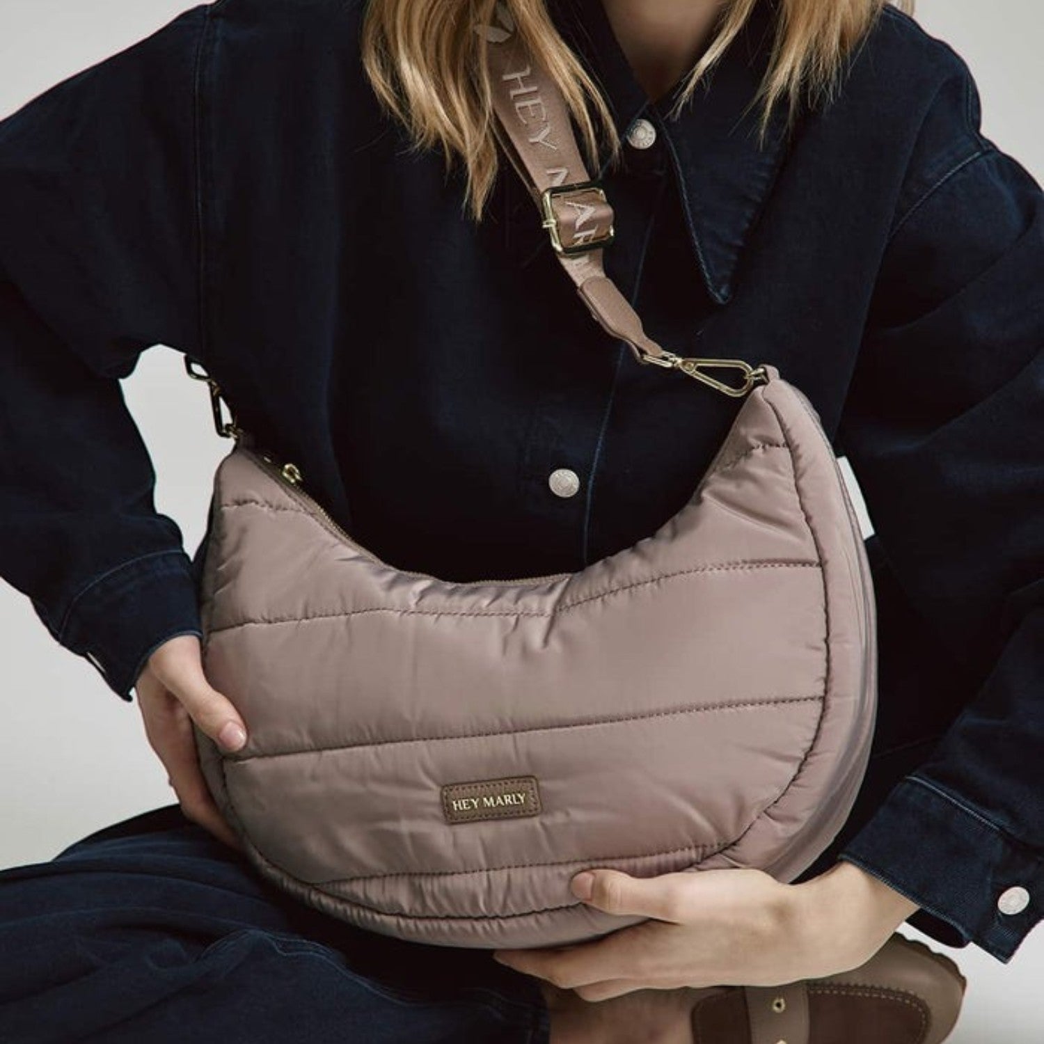 Lieblingstasche Lifetime Buddy M taupe quilted crescent shoulder bag with branded adjustable strap