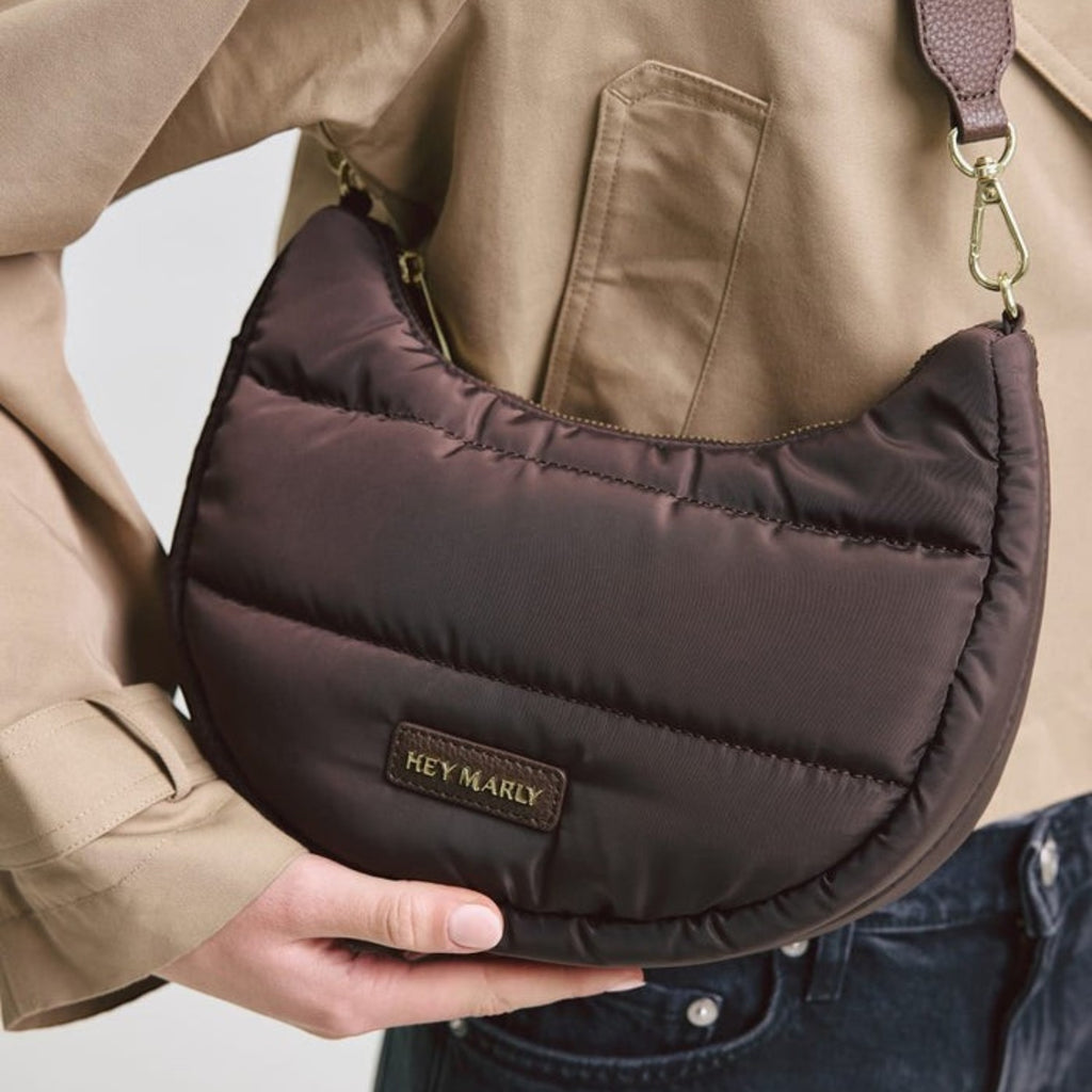 Lieblingstasche Lifetime Buddy S crescent-shaped dark brown quilted nylon crossbody bag with branded strap