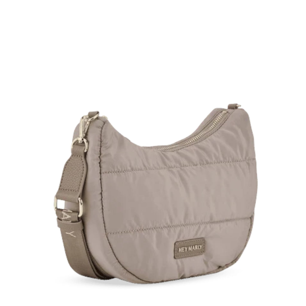 Lieblingstasche Lifetime Buddy S quilted nylon hobo bag in taupe with adjustable branded shoulder strap