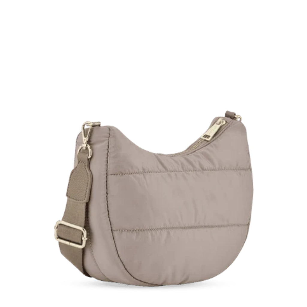 Lieblingstasche Lifetime Buddy S crescent-shaped taupe quilted nylon crossbody bag with gold-tone hardware