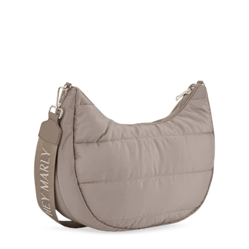 Lieblingstasche Lifetime Buddy M hobo bag in taupe quilted nylon with a branded shoulder strap