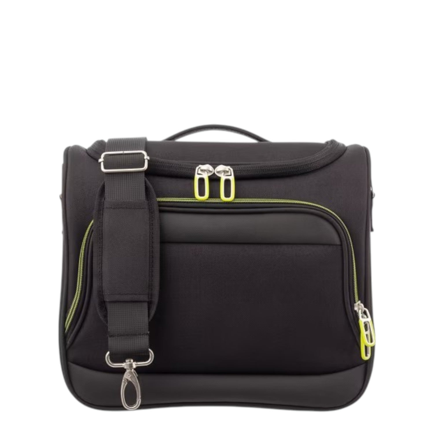 Lieblingstasche Lightstyler black beauty case with neon green zipper accents and adjustable shoulder strap
