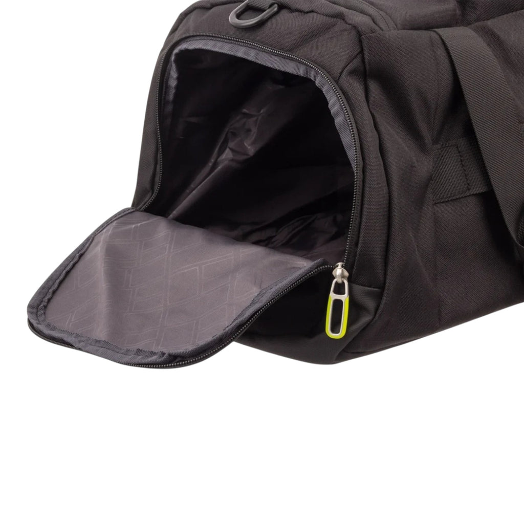 Lieblingstasche Lightstyler Duffle L in black with a zippered side compartment and lime green zipper pull detail.