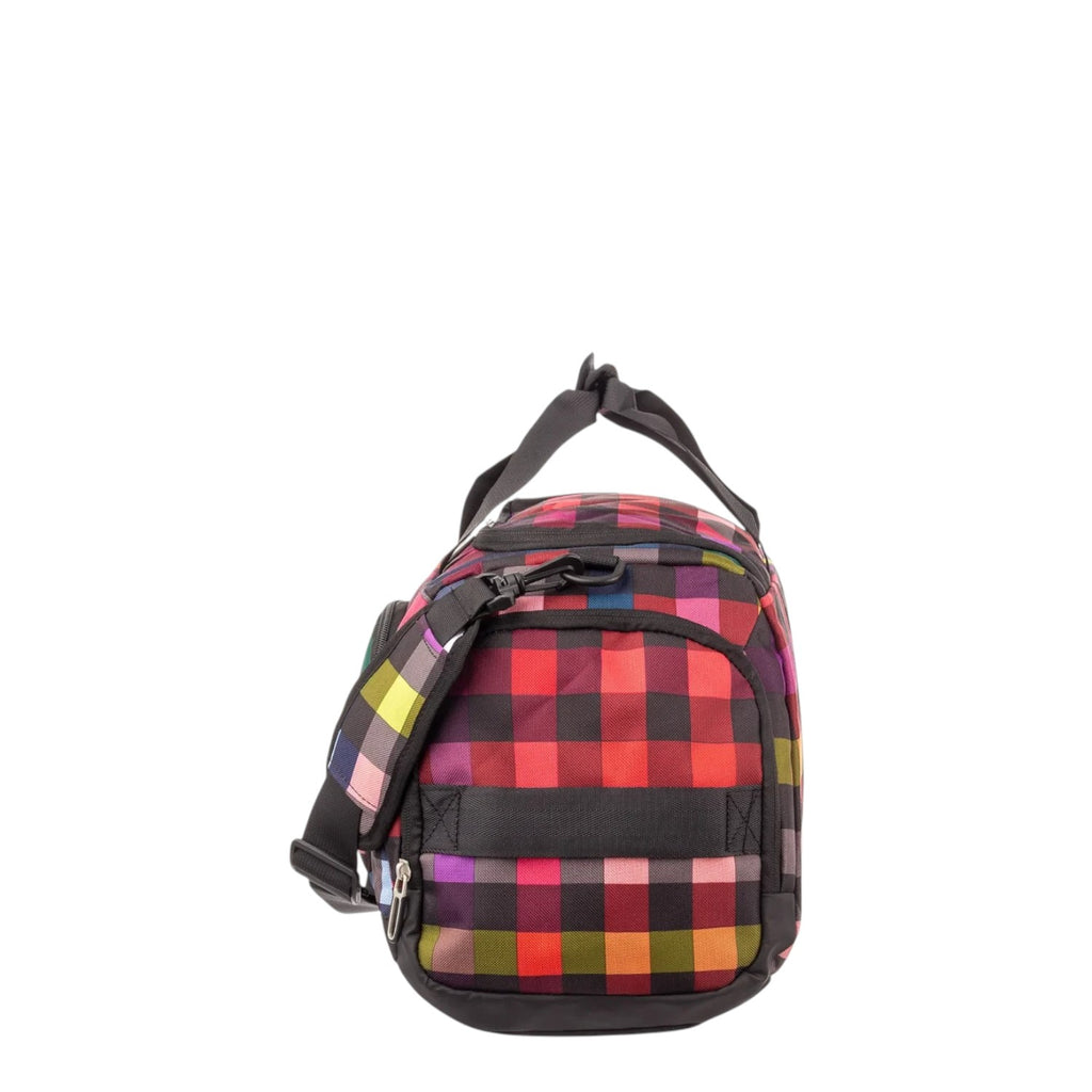 Lieblingstasche Lightstyler Duffle L bag featuring a vibrant multi-coloured checkered pattern and black straps