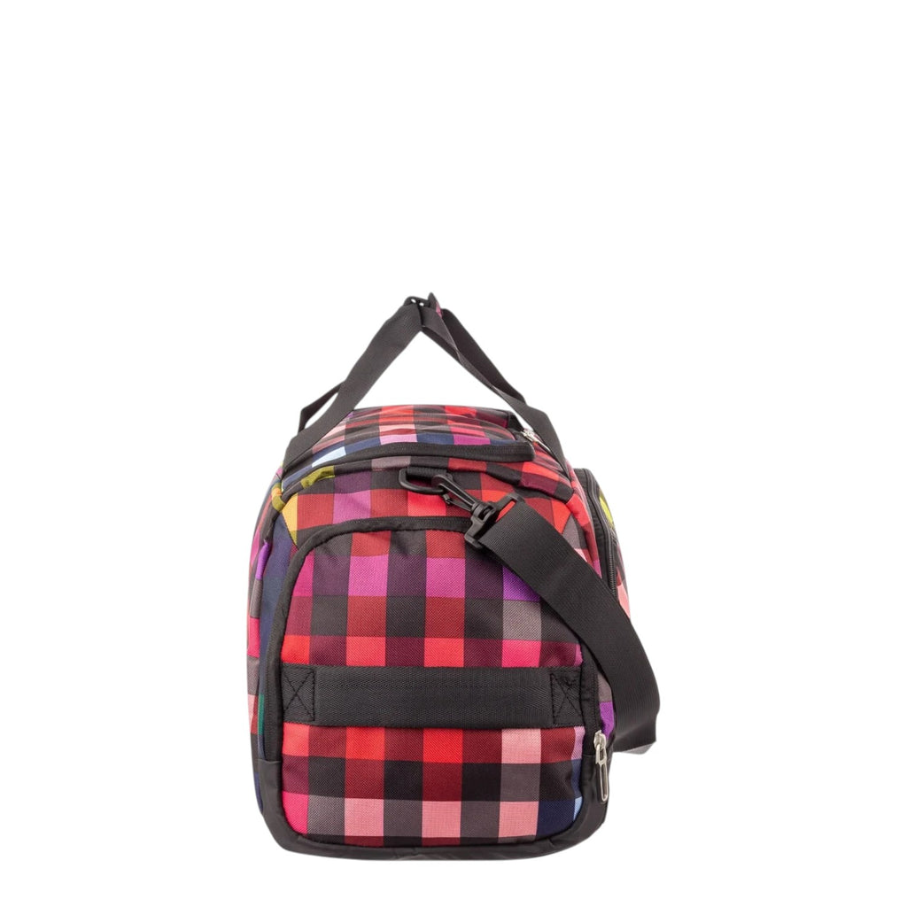 Lieblingstasche Lightstyler Duffle L in a vibrant red and black checkered pattern with black straps and side view