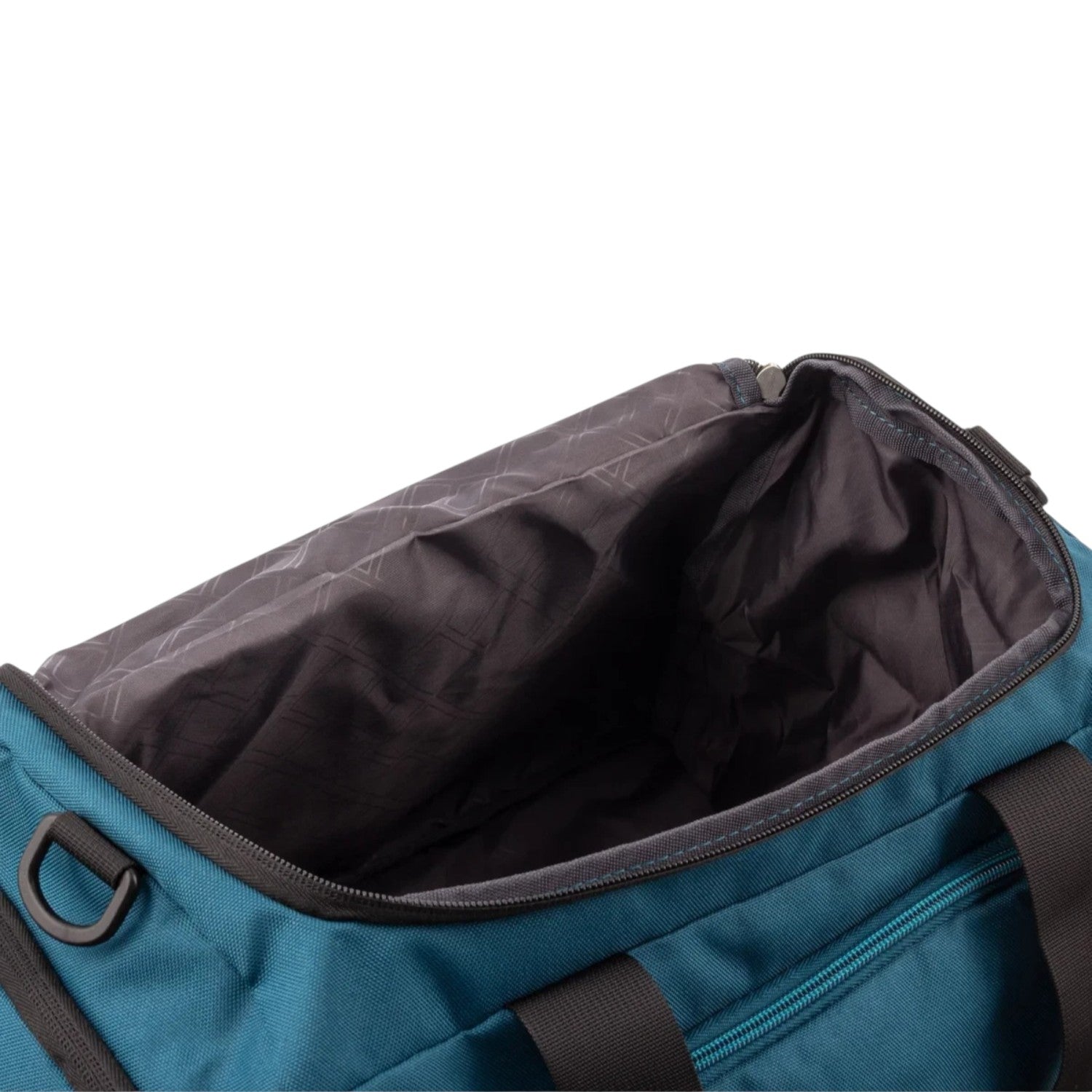 Open interior of the Lieblingstasche Lightstyler Duffle L in teal blue with dark grey patterned lining and zipper.