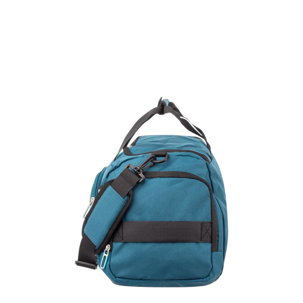 Lieblingstasche Lightstyler Duffle L in petrol blue with black straps and side view detailing