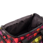 Lieblingstasche Lightstyler Duffle L bag featuring a vibrant red, purple, and yellow plaid pattern with black lining.