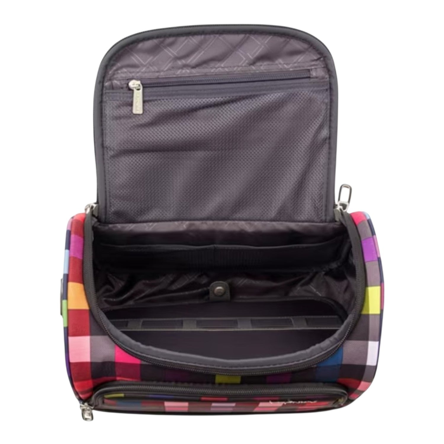 Lieblingstasche Lightstyler beautycase with a colorful plaid pattern, featuring an open main compartment and lid zip