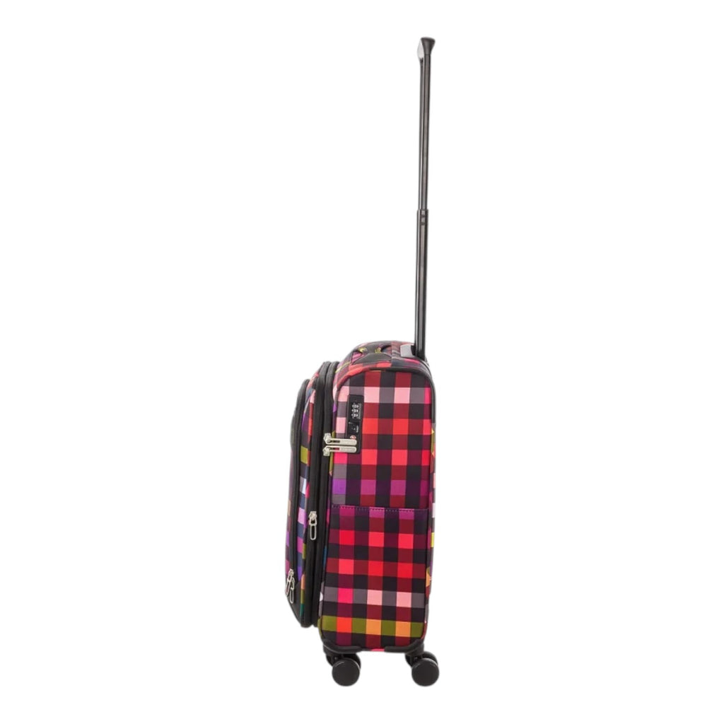 Lieblingstasche Lightstyler cabin spinner suitcase in a vibrant multi-colored plaid pattern with a side view