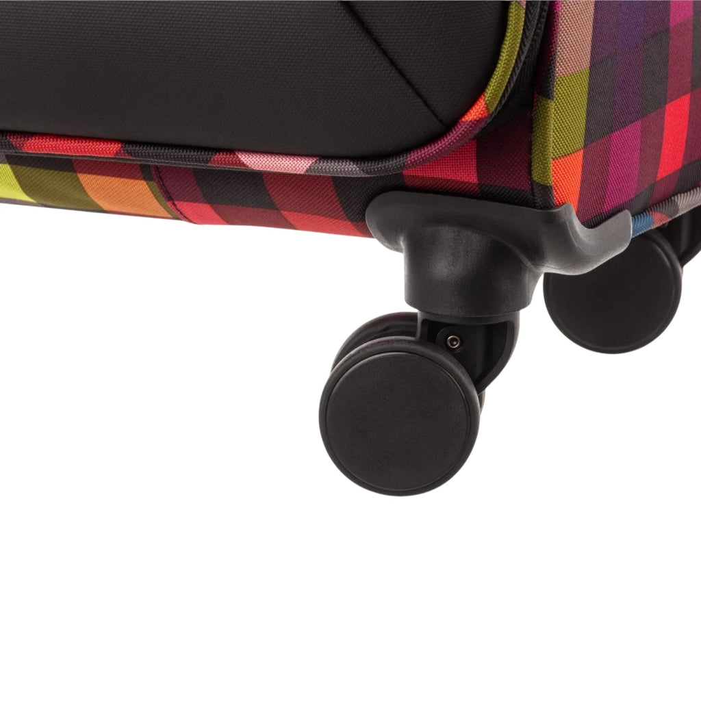 Lieblingstasche Lightstyler cabin spinner suitcase featuring a vibrant multi-colored plaid pattern and black wheels
