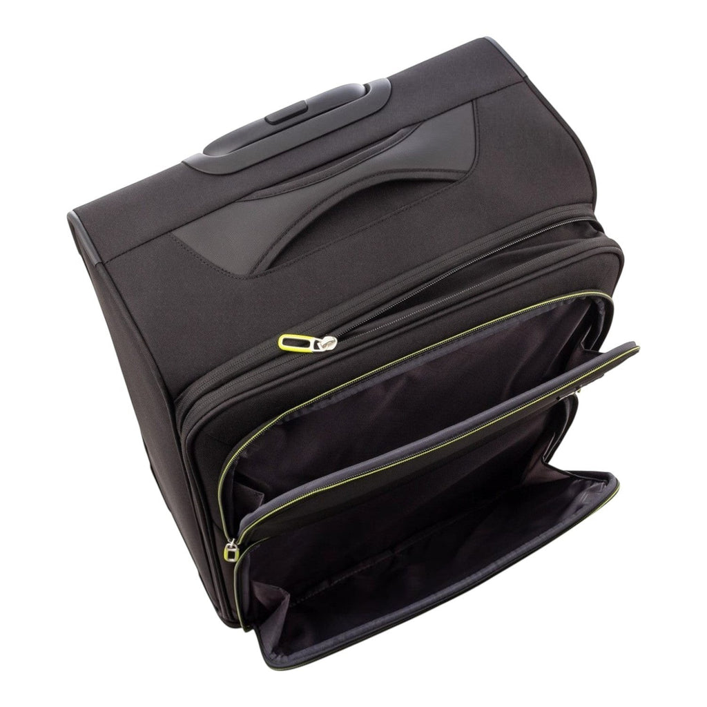 Lieblingstasche Lightstyler Spinner L black softside suitcase with front zippered pockets and lime green accents