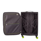 Lieblingstasche Lightstyler Spinner L suitcase interior with black lining, zipper pockets, and green wheel accents.