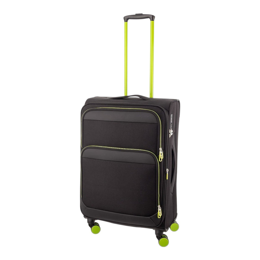 Lieblingstasche Lightstyler Spinner M suitcase in black with vibrant lime green accents and four spinner wheels.