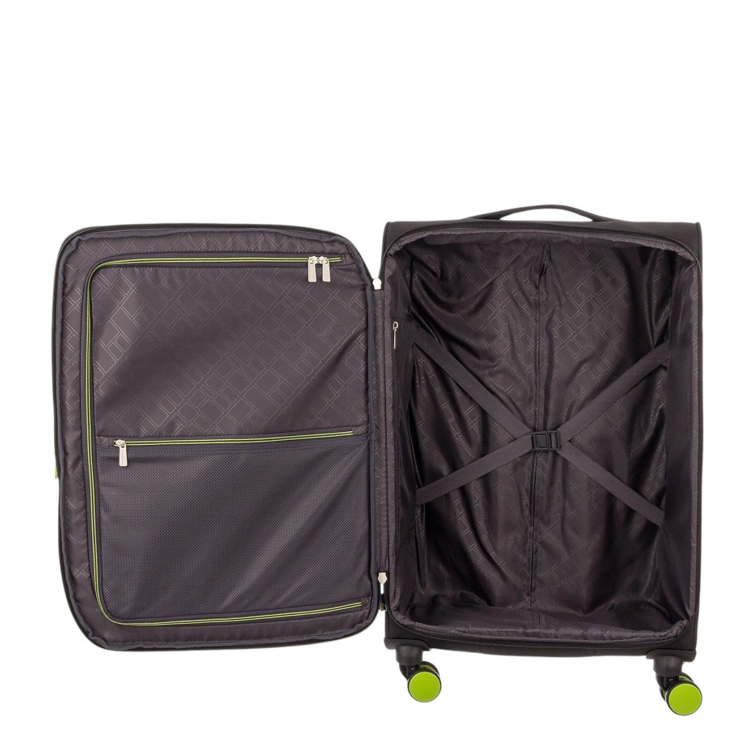 Lieblingstasche Lightstyler Spinner M suitcase interior with dark grey lining, zippered mesh pockets, and packing straps.