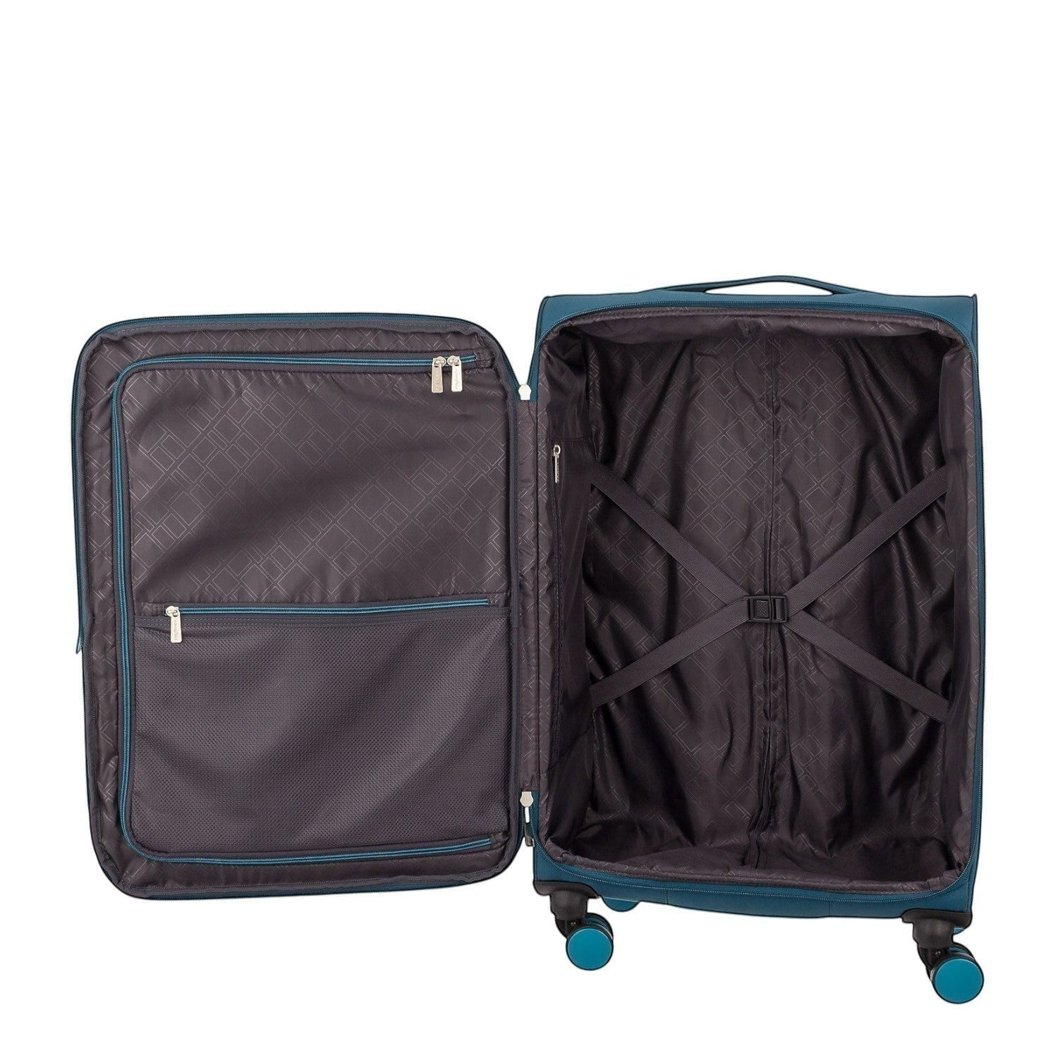 Lieblingstasche Lightstyler Spinner M suitcase interior with dark grey patterned lining, zippered pockets, and straps.
