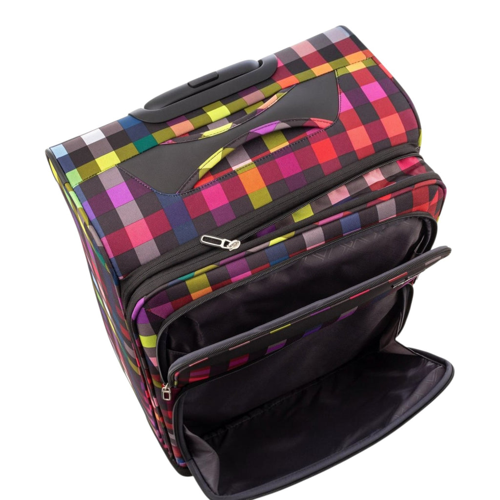 Lieblingstasche Lightstyler Spinner M suitcase in a vibrant multi-colored plaid pattern with front zipper pockets