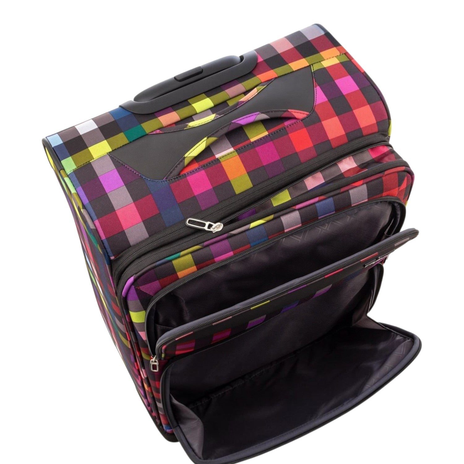 Lieblingstasche Lightstyler Spinner M suitcase in a vibrant multi-colored plaid pattern with front zipper pockets
