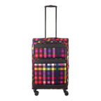 Lieblingstasche Lightstyler Spinner M suitcase in a vibrant multi-colored plaid pattern with front pockets and wheels.